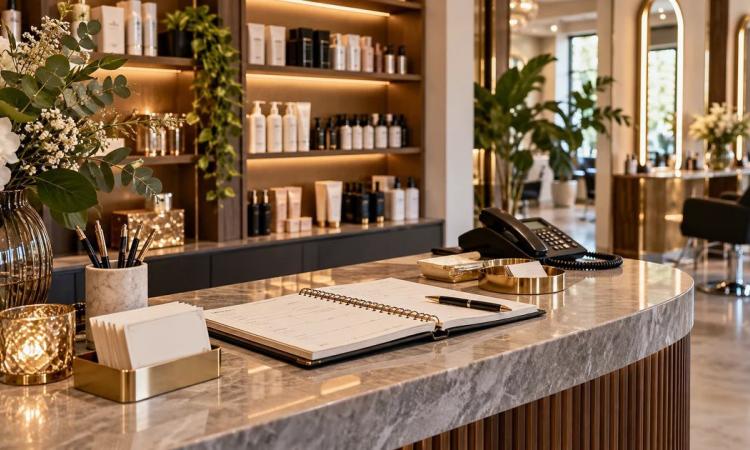 Comptoir d’accueil élégant d’un salon de coiffure avec carnet de rendez-vous, produits et espace de coiffage à l’arrière-plan