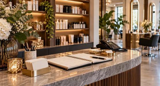 Comptoir d’accueil élégant d’un salon de coiffure avec carnet de rendez-vous, produits et espace de coiffage à l’arrière-plan