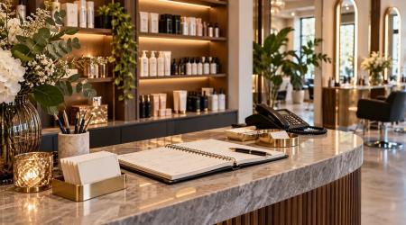 Comptoir d’accueil élégant d’un salon de coiffure avec carnet de rendez-vous, produits et espace de coiffage à l’arrière-plan