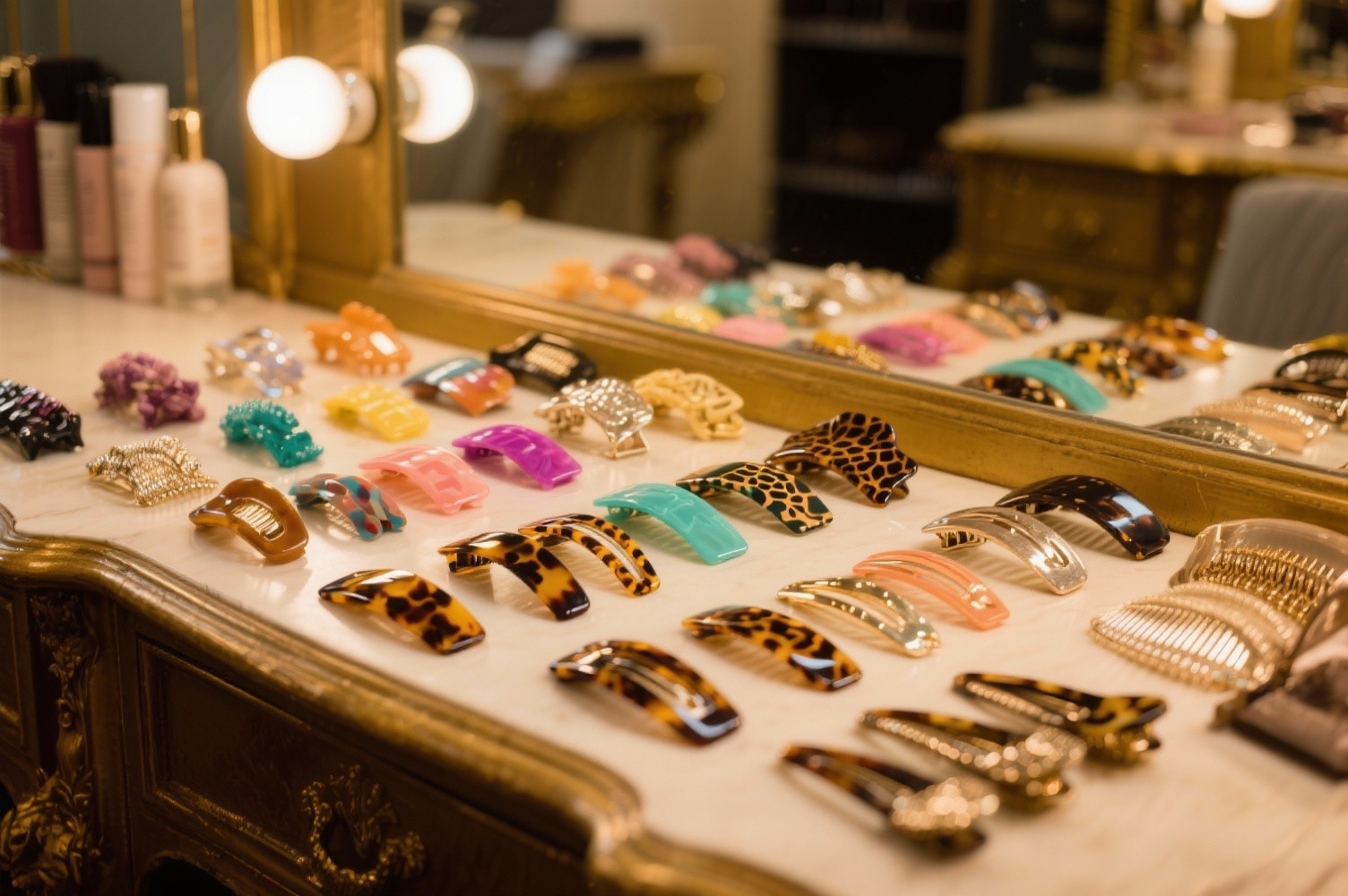 Collection de barrettes colorées et élégantes disposées artistiquement sur une coiffeuse vintage dans un salon