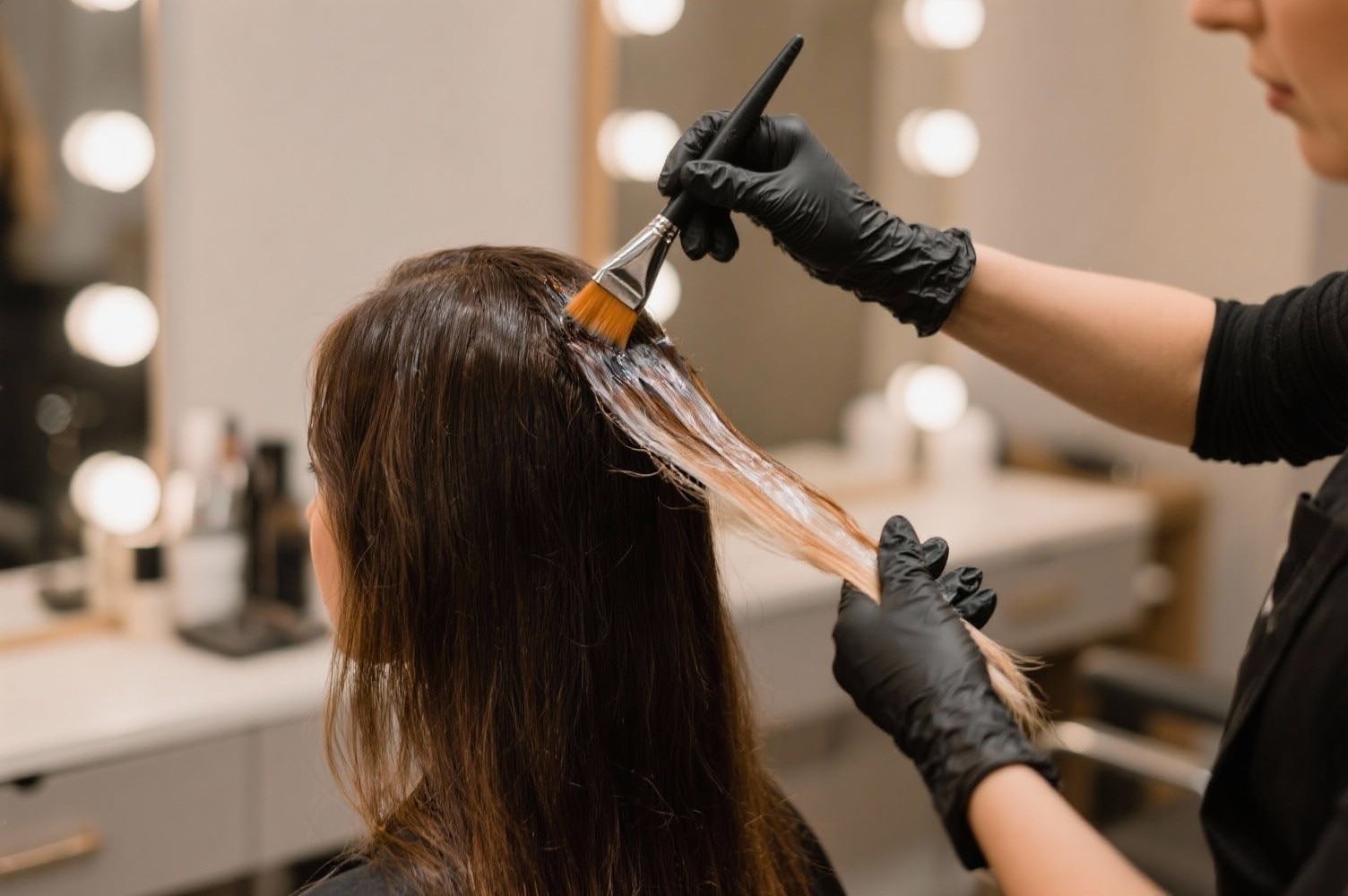 Coloriste professionnelle réalisant un balayage sur cheveux châtains dans un salon haut de gamme