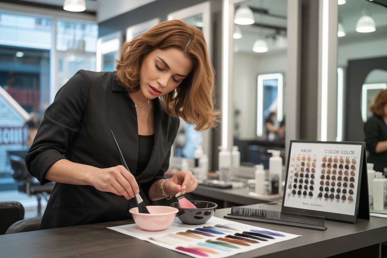 Coloration professionnelle en salon de coiffure avec palette de couleurs