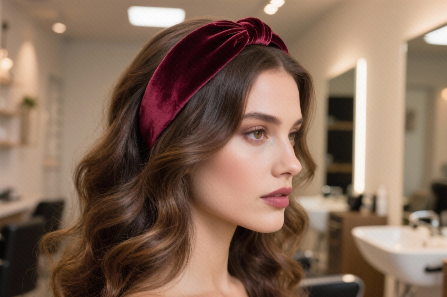 Femme élégante portant un bandeau en velours bordeaux avec cheveux ondulés dans un salon de coiffure moderne