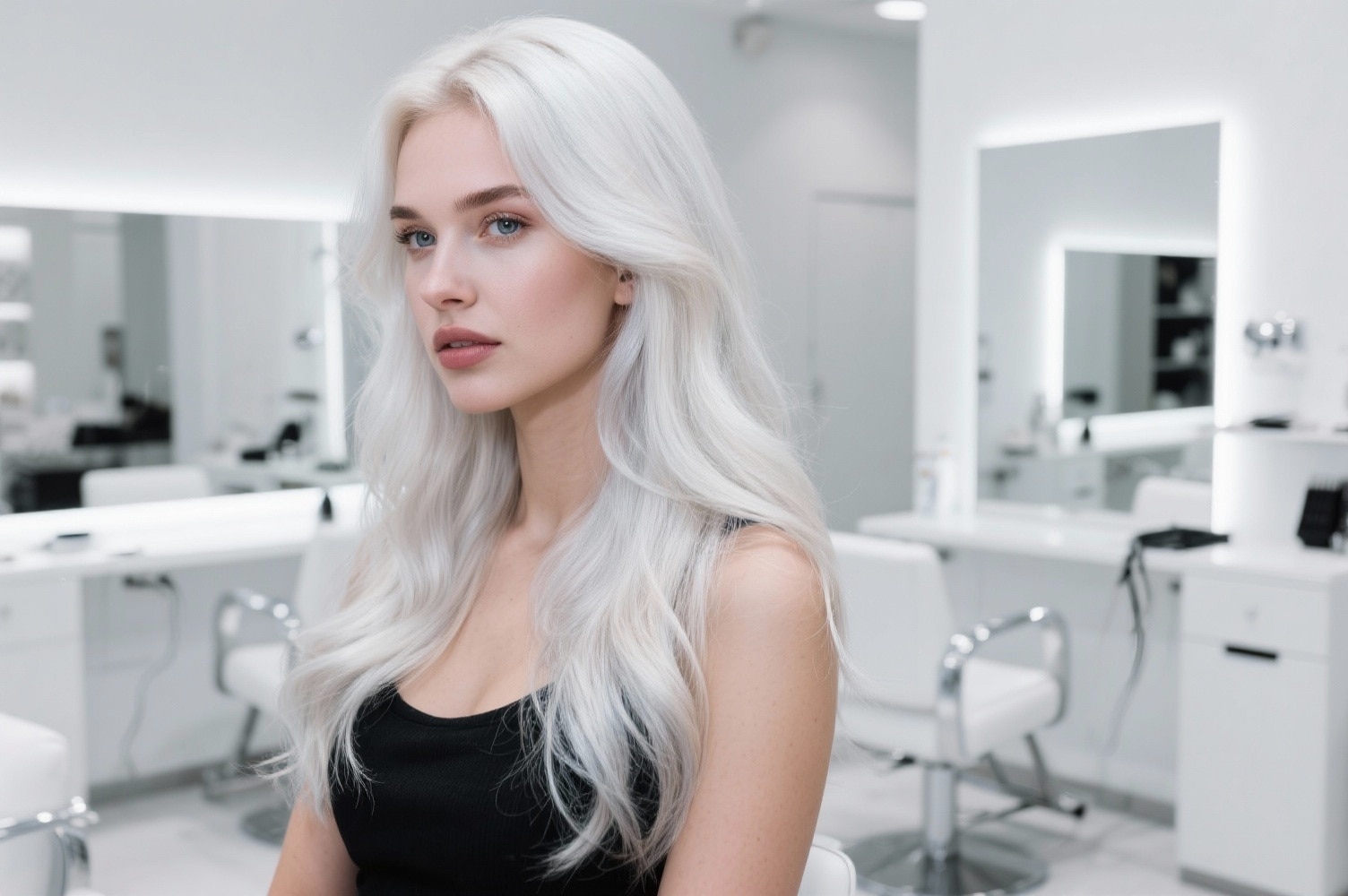 Femme blonde avec coloration blond polaire glacé dans un salon de coiffure moderne et lumineux