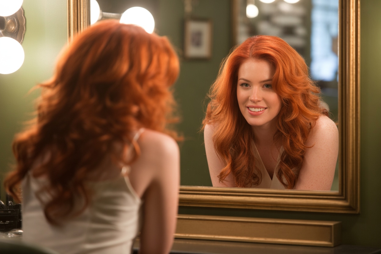 Femme souriante aux cheveux cuivrés flamboyants regardant son reflet dans le miroir d'un salon élégant