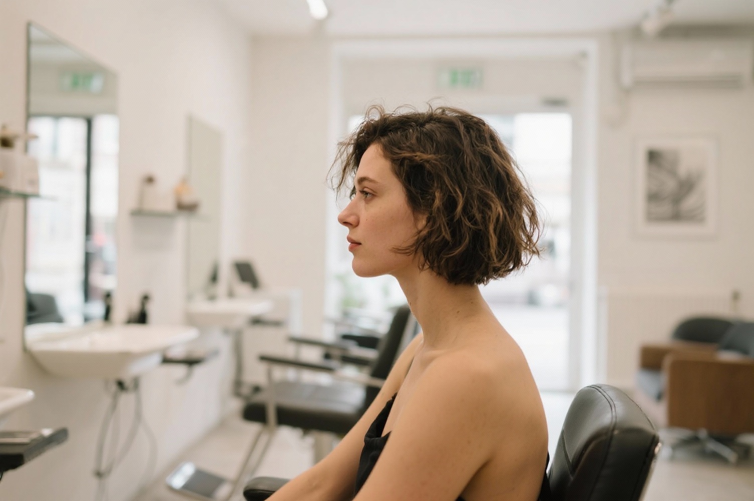 Femme avec une coupe courte moderne et texturée dans un salon de coiffure contemporain