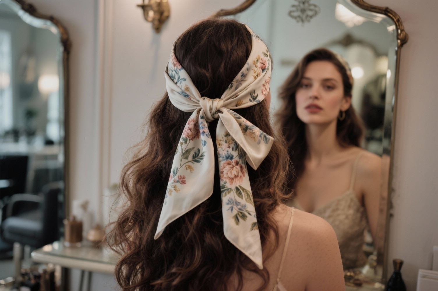 Femme portant un foulard en soie noué élégamment dans ses cheveux longs ondulés devant un miroir de salon vintage