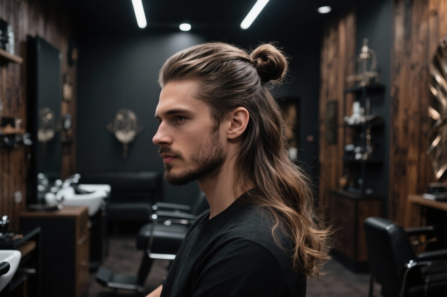 Homme aux cheveux longs structurés en man bun moderne dans un salon de coiffure design et masculin