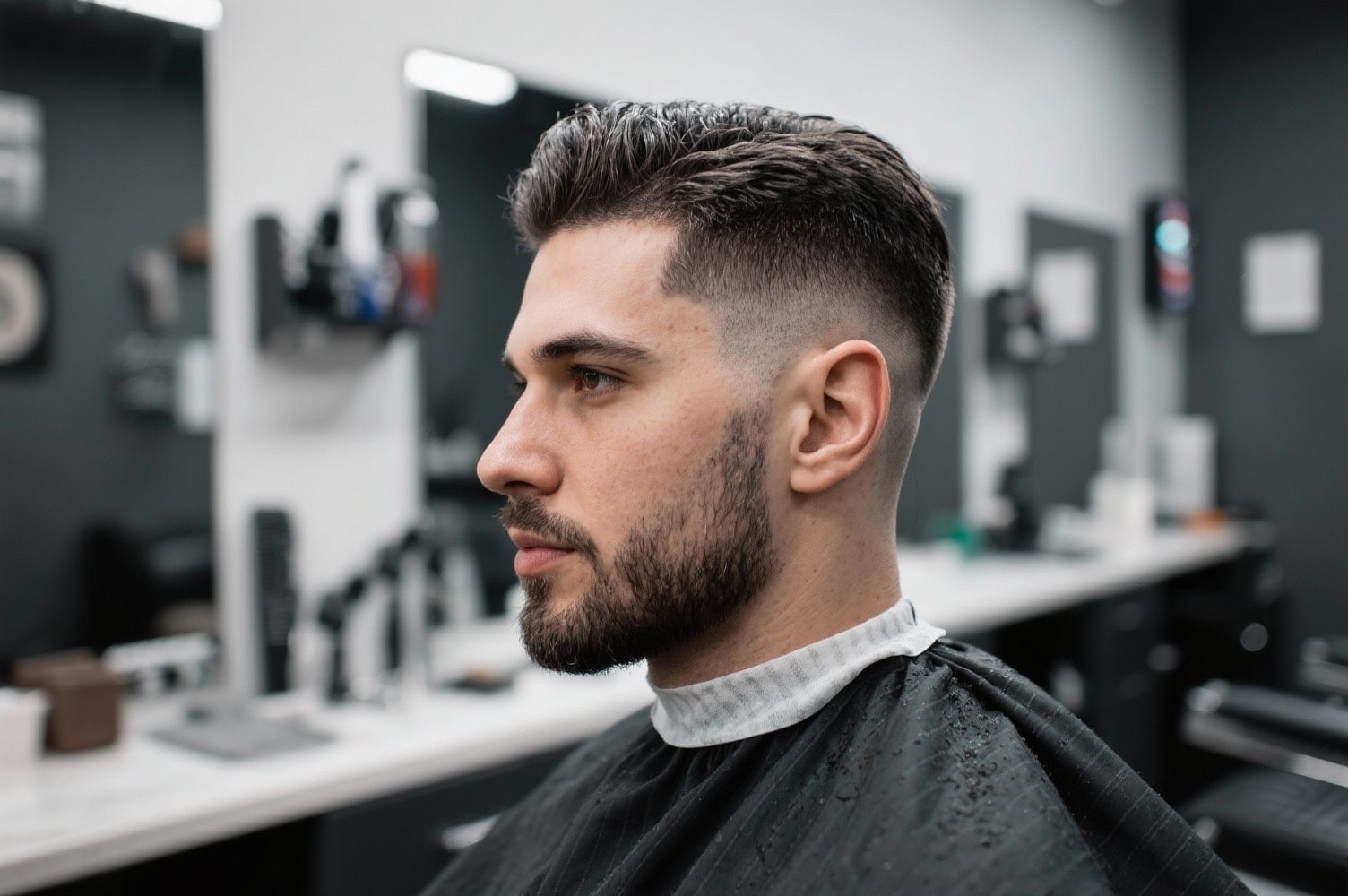 Homme avec coupe fade moderne dans un barbershop contemporain avec éclairage professionnel