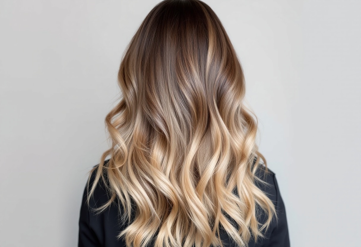 Ombré hair dégradé de couleur racines foncées pointes blondes cheveux longs