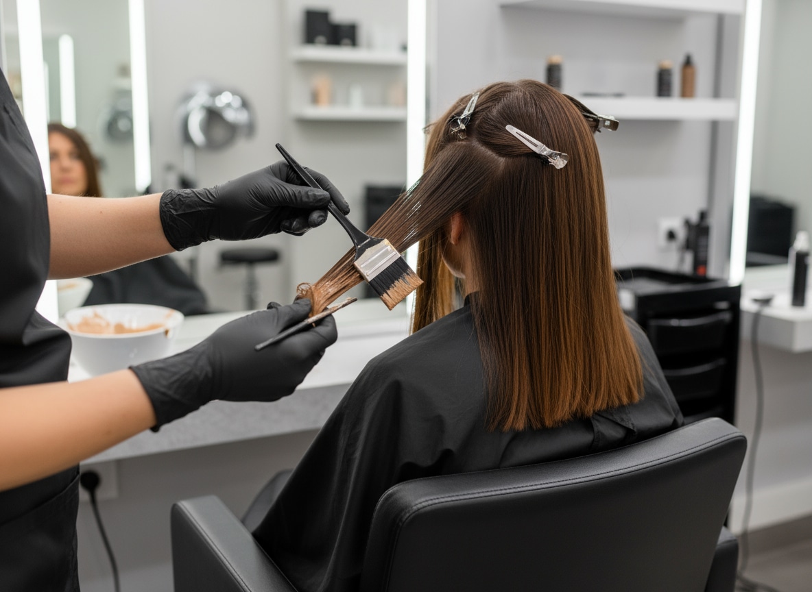 Retouche coloration racines cheveux coloriste professionnel salon application précise produits qualité