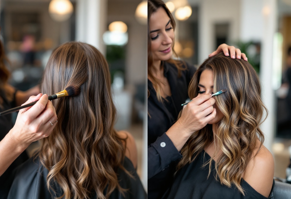 Technique de balayage professionnel sur cheveux bruns créant effet naturel lumineux