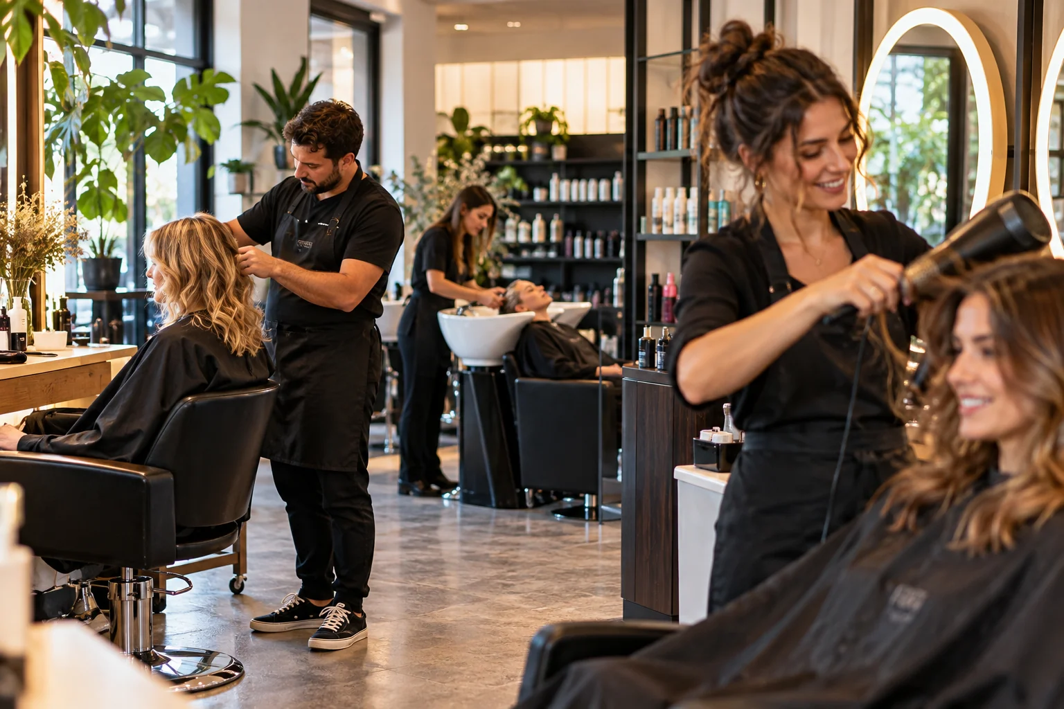 Salon de coiffure en activité avec plusieurs professionnels réalisant un brushing, une coupe et un shampoing