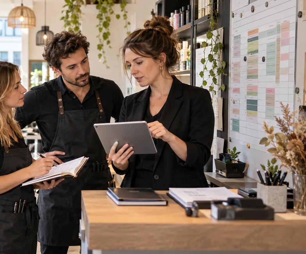 Trois professionnels d’un salon de coiffure se concertent autour d’un planning et d’une tablette