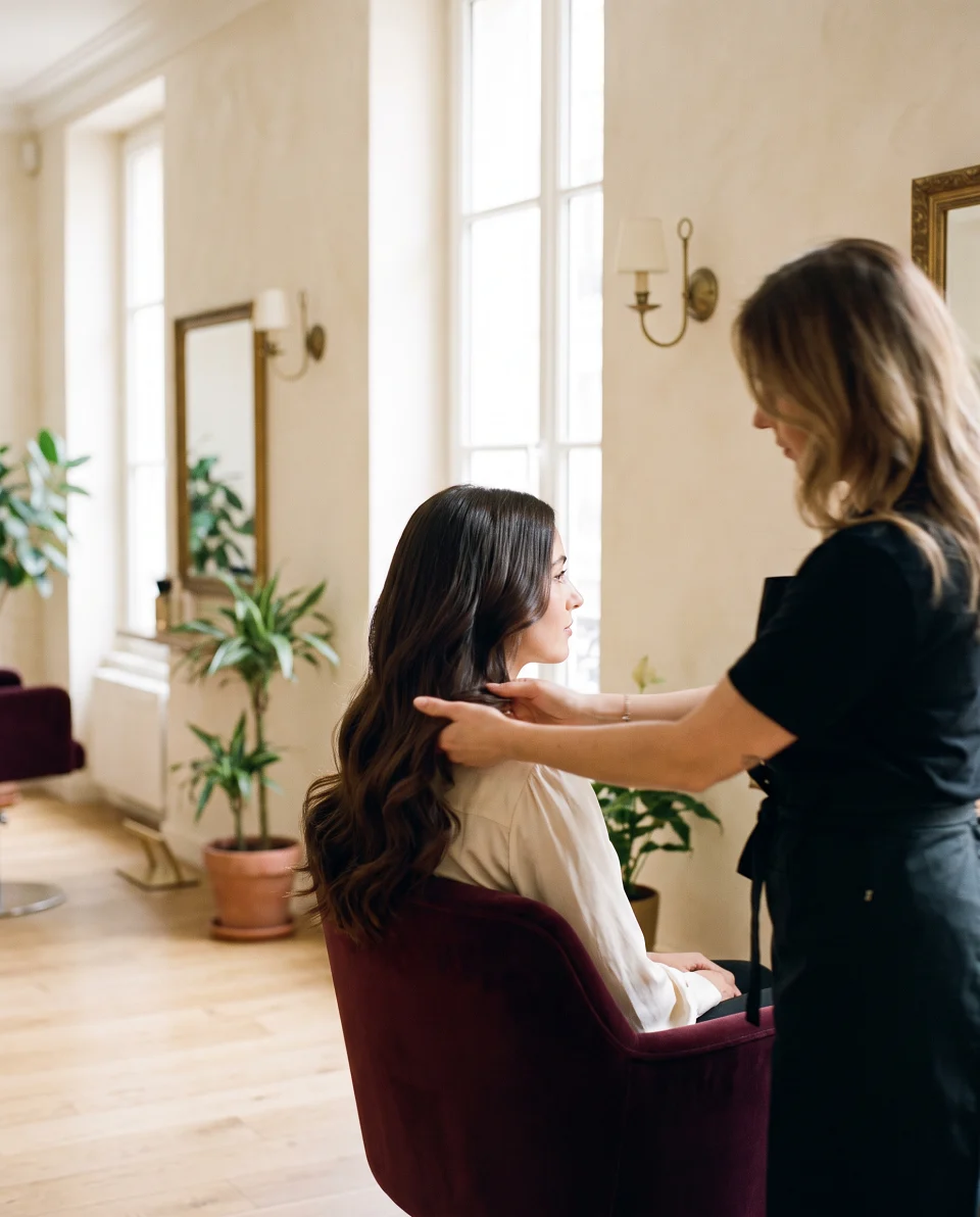 Coiffeuse mettant en forme les cheveux longs et ondulés d'une cliente assise dans un fauteuil de velours bordeaux, dans un salon lumineux