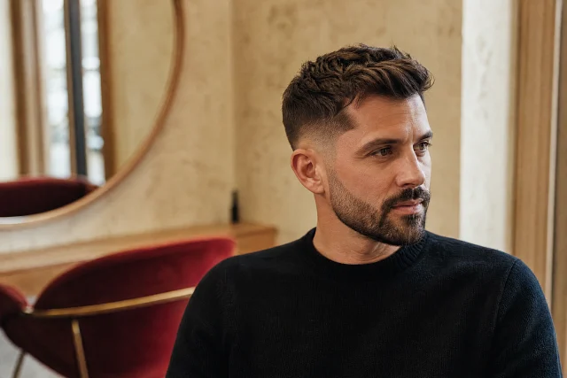 Homme à la coupe courte dégradée et à la barbe soignée, assis dans un salon de coiffure