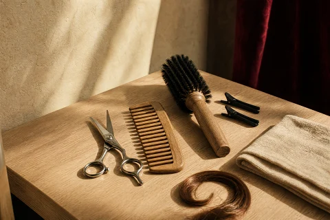 Ciseaux de coupe, peigne en bois, brosse ronde et pinces posés sur le plan de travail d'un salon