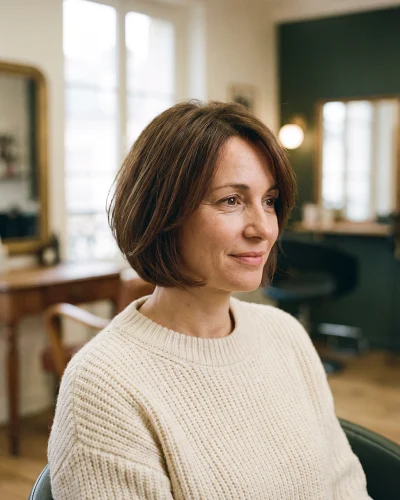 Cliente souriante aux cheveux châtains coupés en carré, dans un salon de coiffure